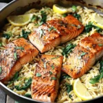 One Skillet Salmon with Lemon Orzo