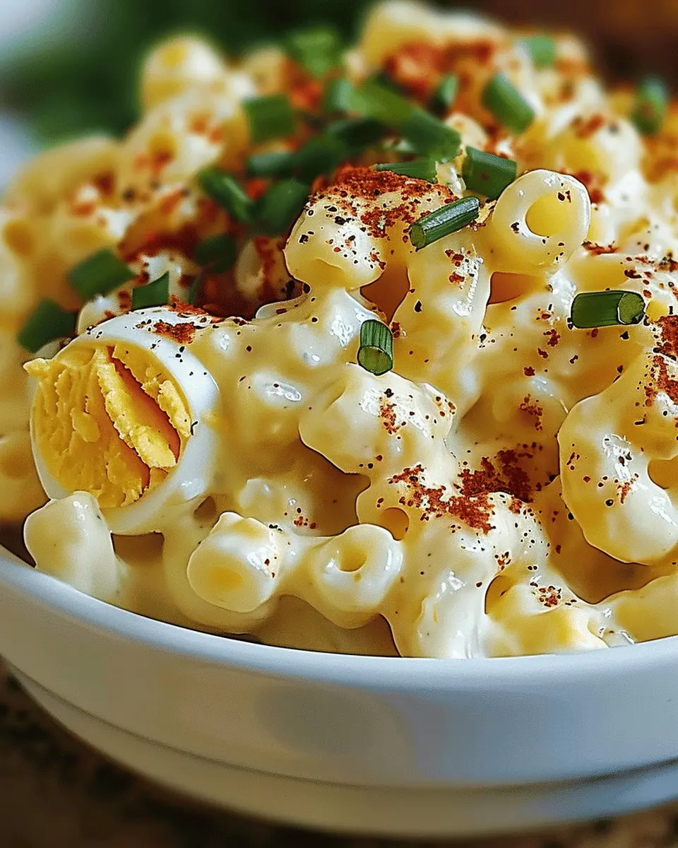 Deviled Egg Macaroni Salad with Turkey Bacon and Chicken Ham