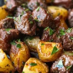 Garlic Butter Beef Bites & Potatoes make a perfect dinner