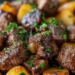 Garlic Butter Beef Bites & Potatoes make a perfect dinner