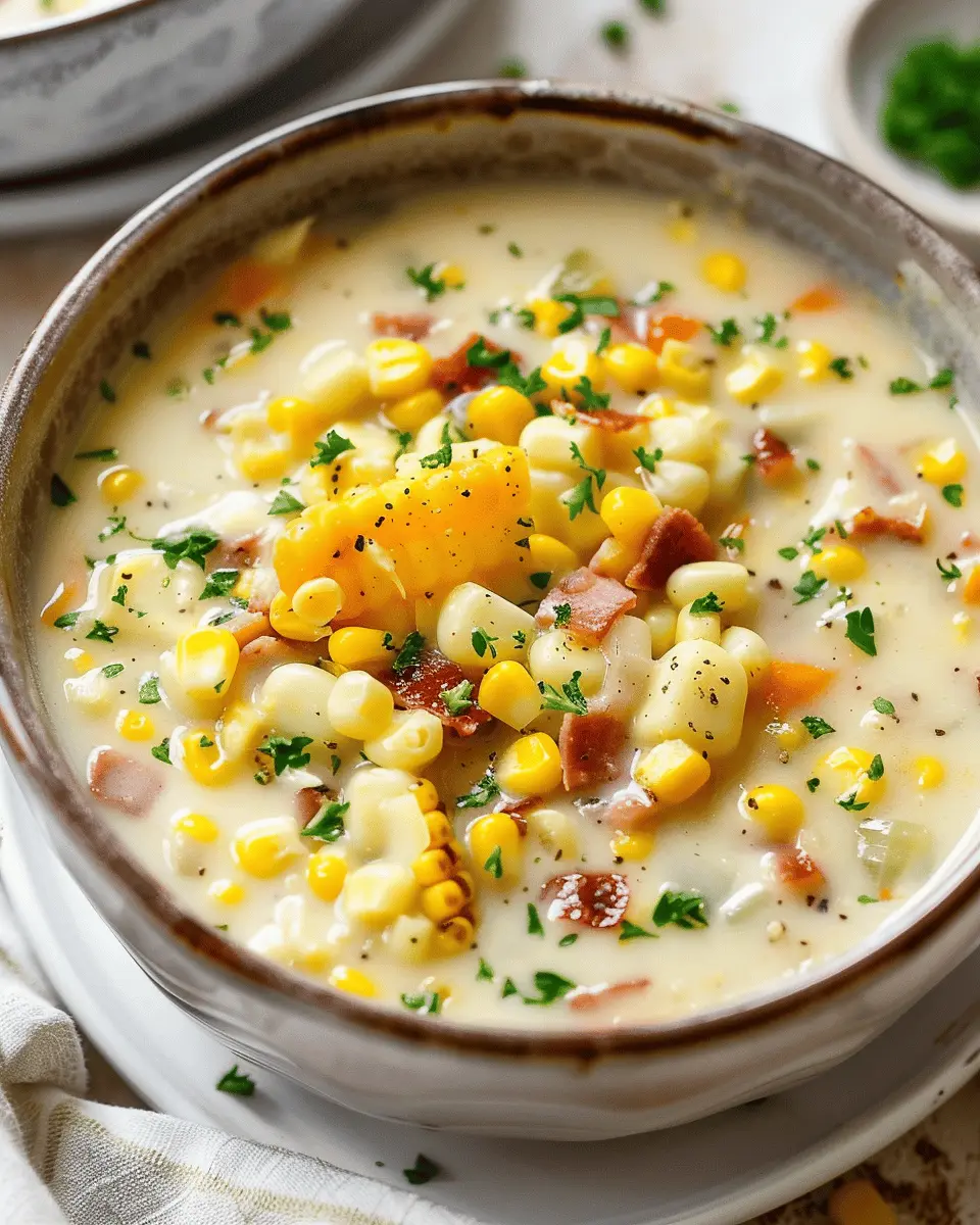 Creamy Corn Chowder with Turkey Bacon and Chicken Ham Delight
