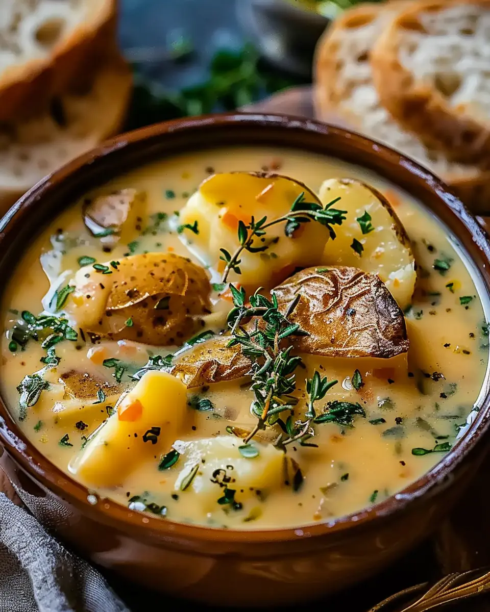 Hearty Cheddar Garlic Herb Potato Soup Recipe with Turkey Bacon Delight