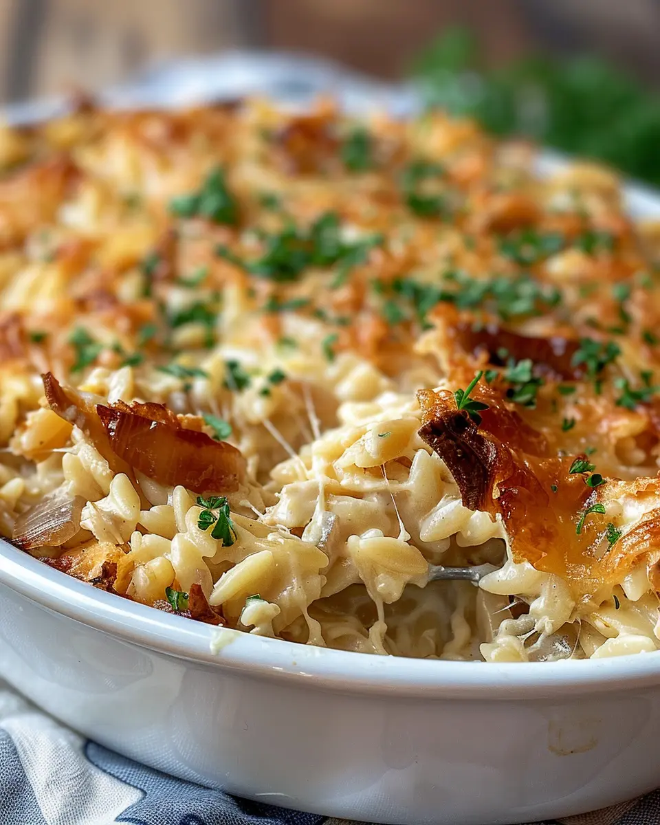 French Onion Chicken Orzo Casserole with Turkey Bacon Delight
