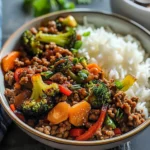 Spicy Ground Beef Stir-Fry Bowl with Garlic Veggies & Steamy Rice