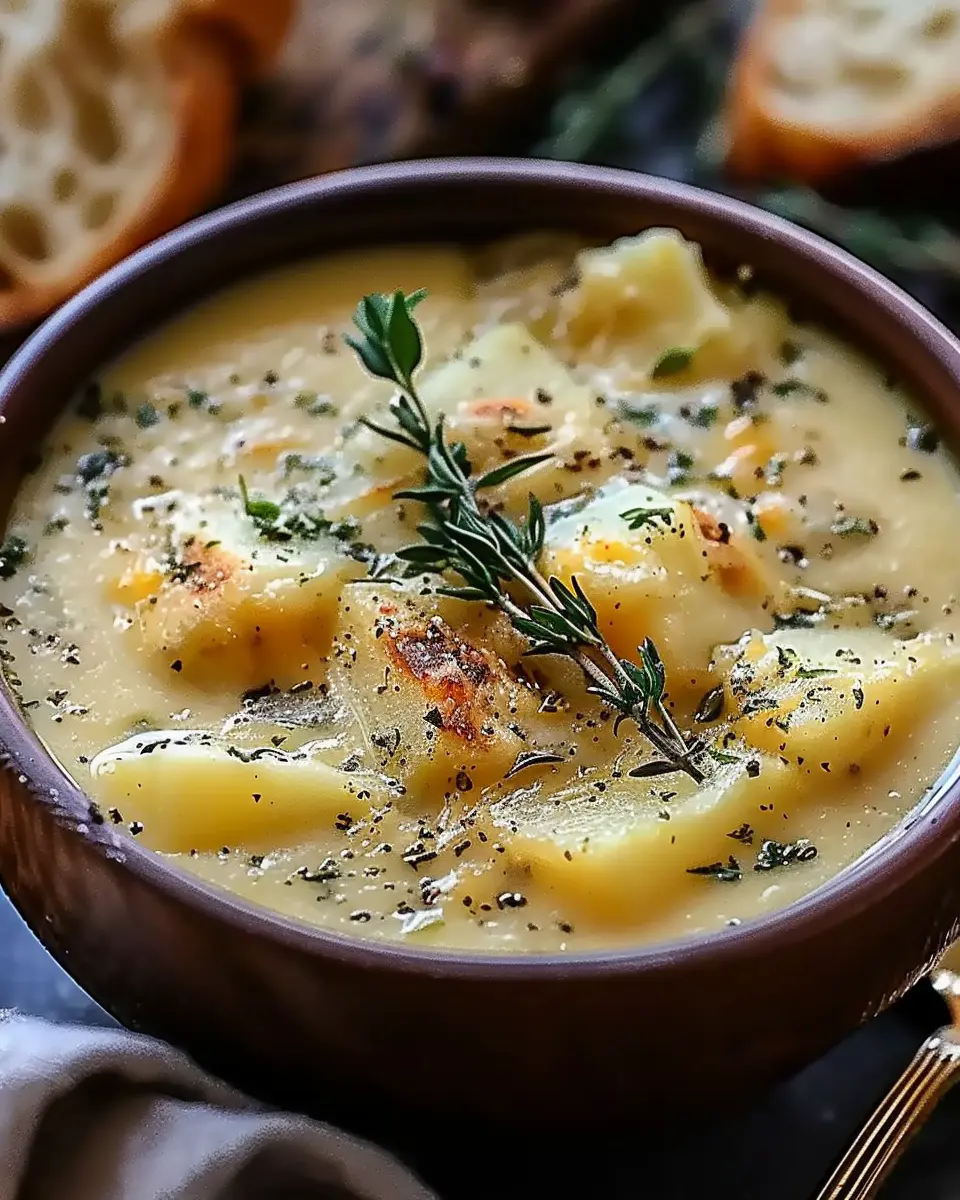 Hearty Cheddar Garlic Herb Potato Soup Recipe with Turkey Bacon